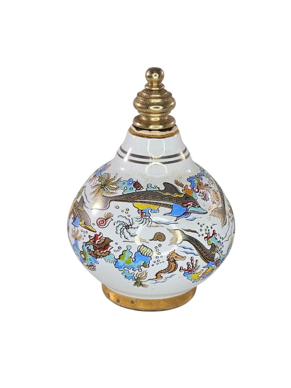 Vintage Venus Greek Sea Life Design Perfume Bottle Gold Accents Empty Dolphins
